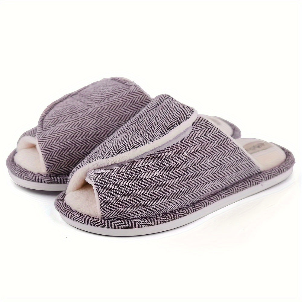 Women Plush Lined Open Toe Indoor Slippers Non-slip Warm Shoes
