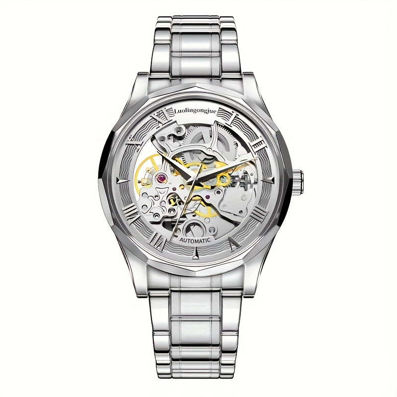 Men's Mechanical Watch Stainless Steel Strap Hollow Dial Casual Automatic Self-Winding