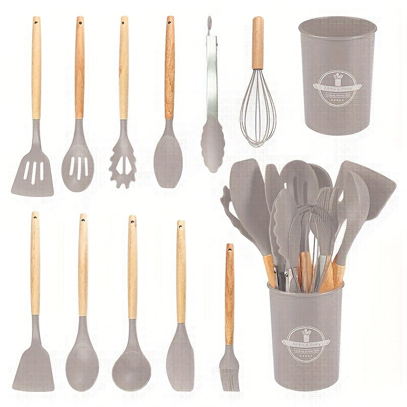 Set of 12 Silicone Kitchen Utensils and Cookware with Wooden Handles