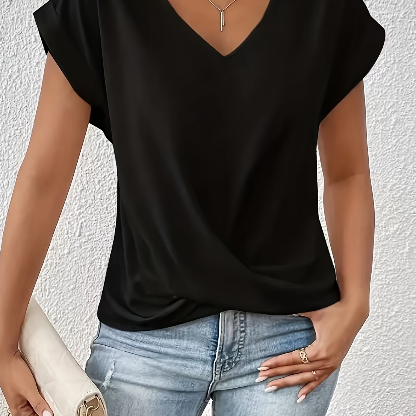 Plus Size V-Neck T-Shirt for Women Short Sleeve Black Polyester Casual Top