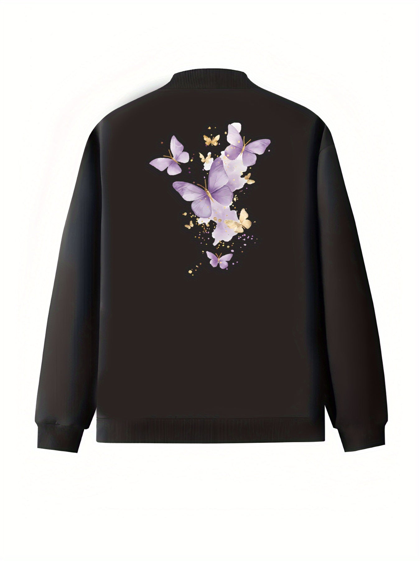 Plus Size Women's Casual Butterfly Print Baseball Collar Jacket Long Sleeve Spring Fall Outerwear