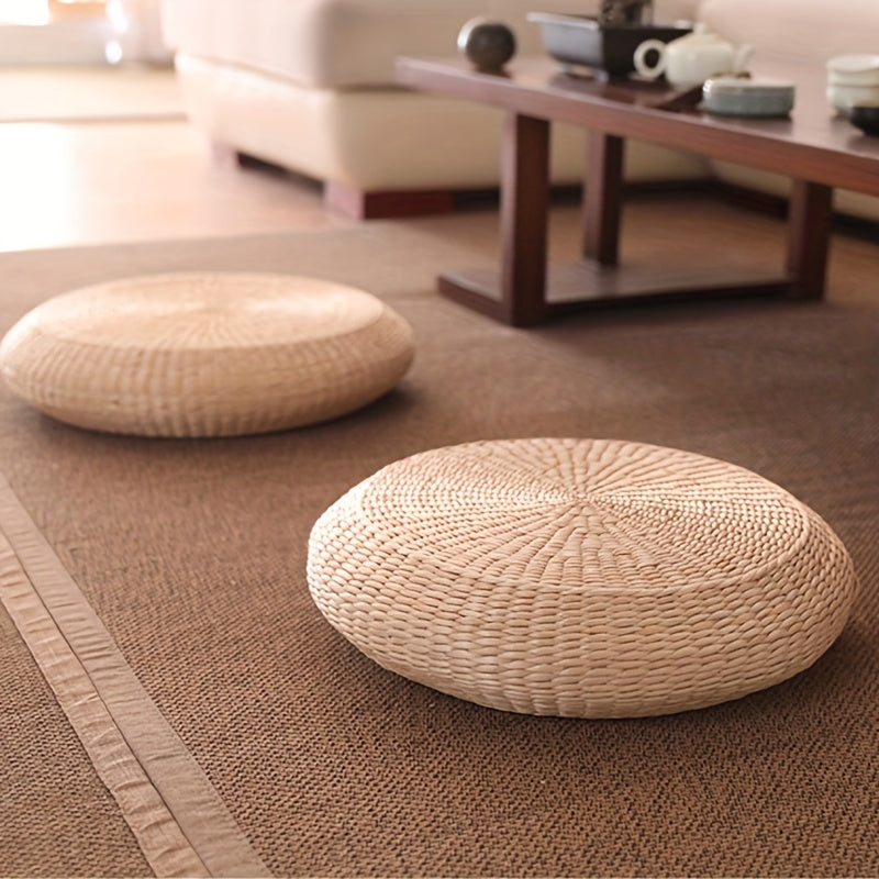 Round Straw Tatami Cushion Floor Pillow for Meditation Yellow