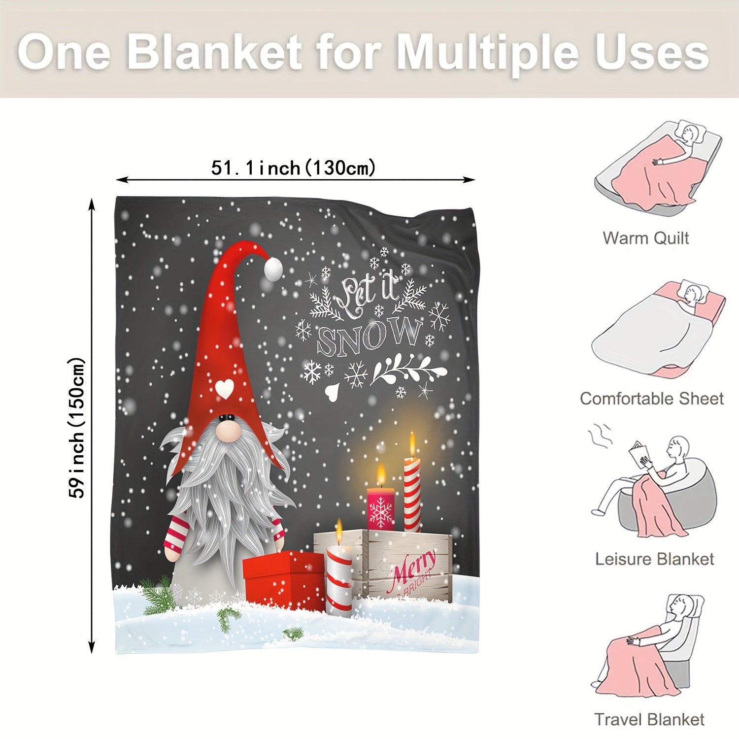 Christmas Gnome Print Flannel Blanket Lightweight Knit for Home and Gifting