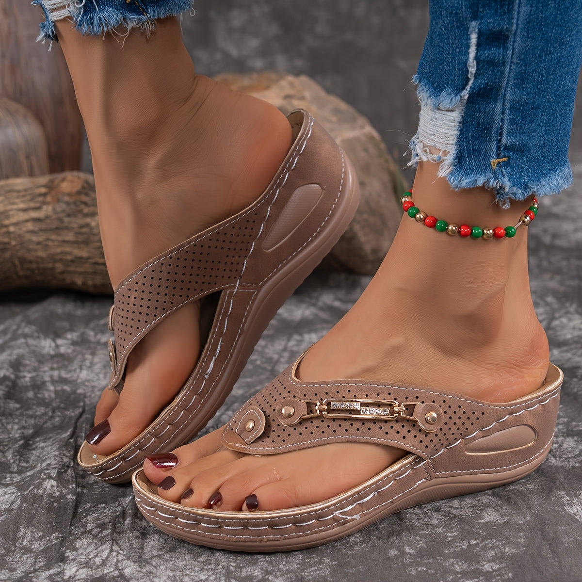 Women's Summer Synthetic Cover Flip Flops Black with Gold Buckle