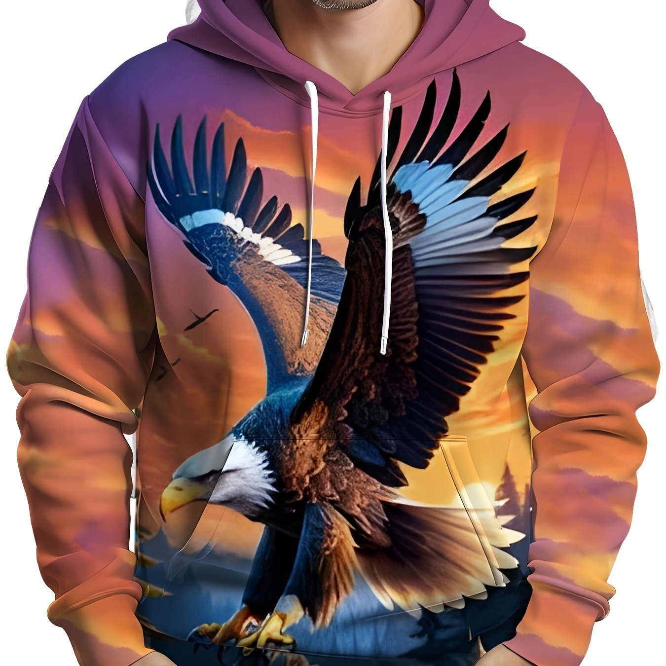 Plus Size Men's Eagle Graphic Print Hoodie with Kangaroo Pocket Casual Outerwear