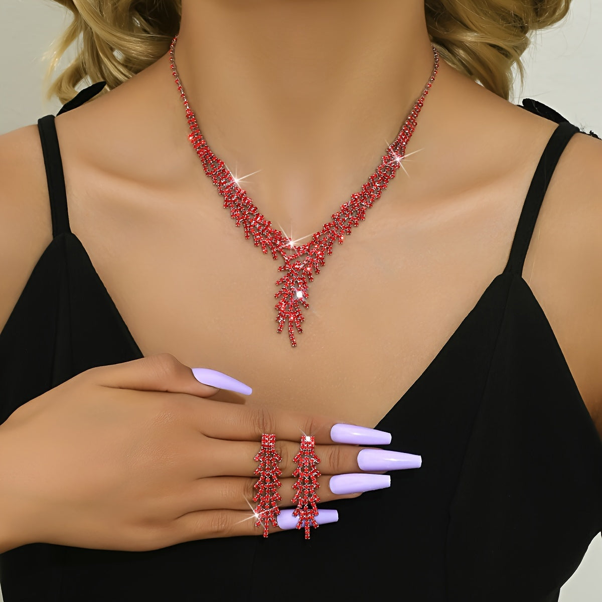 Silver Plated Jewelry Set with Rhinestone Earrings and Necklace for Women