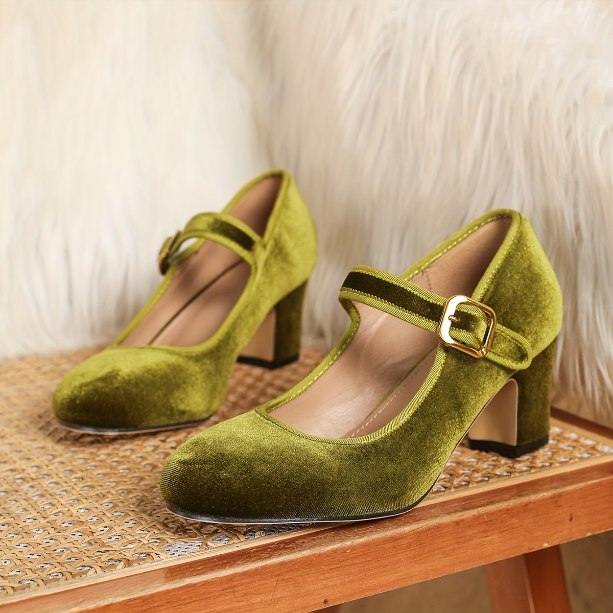 Women Velvet Mary Jane Pumps Adjustable Strap Chunky Heel Brown