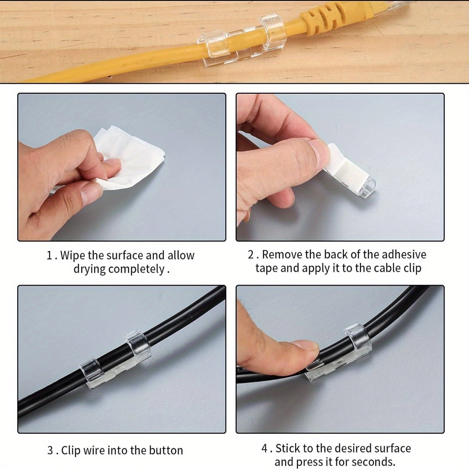 120-Pack Clear Adhesive PC Cable Clips for Wire Organization in Home and Office