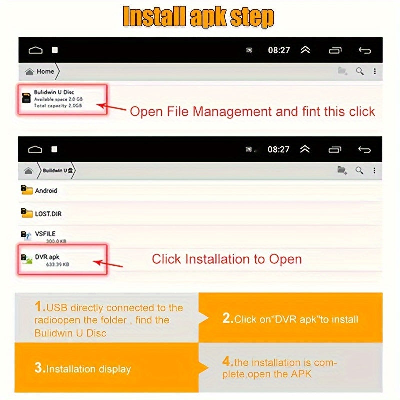 Android Avtomobil Dash Kamarasi 720p HD Video Yo'lovchi tomon uchun, displeysiz, USB bilan quvvatlanadi