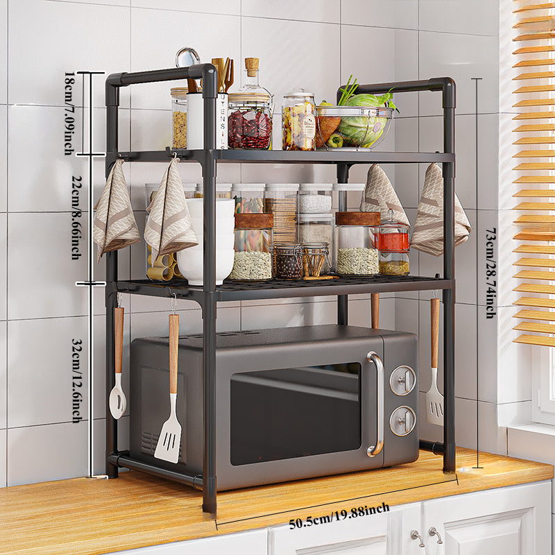 Black Expandable Microwave Stand with 3 Tiers and 8 Hooks for Kitchen or Home