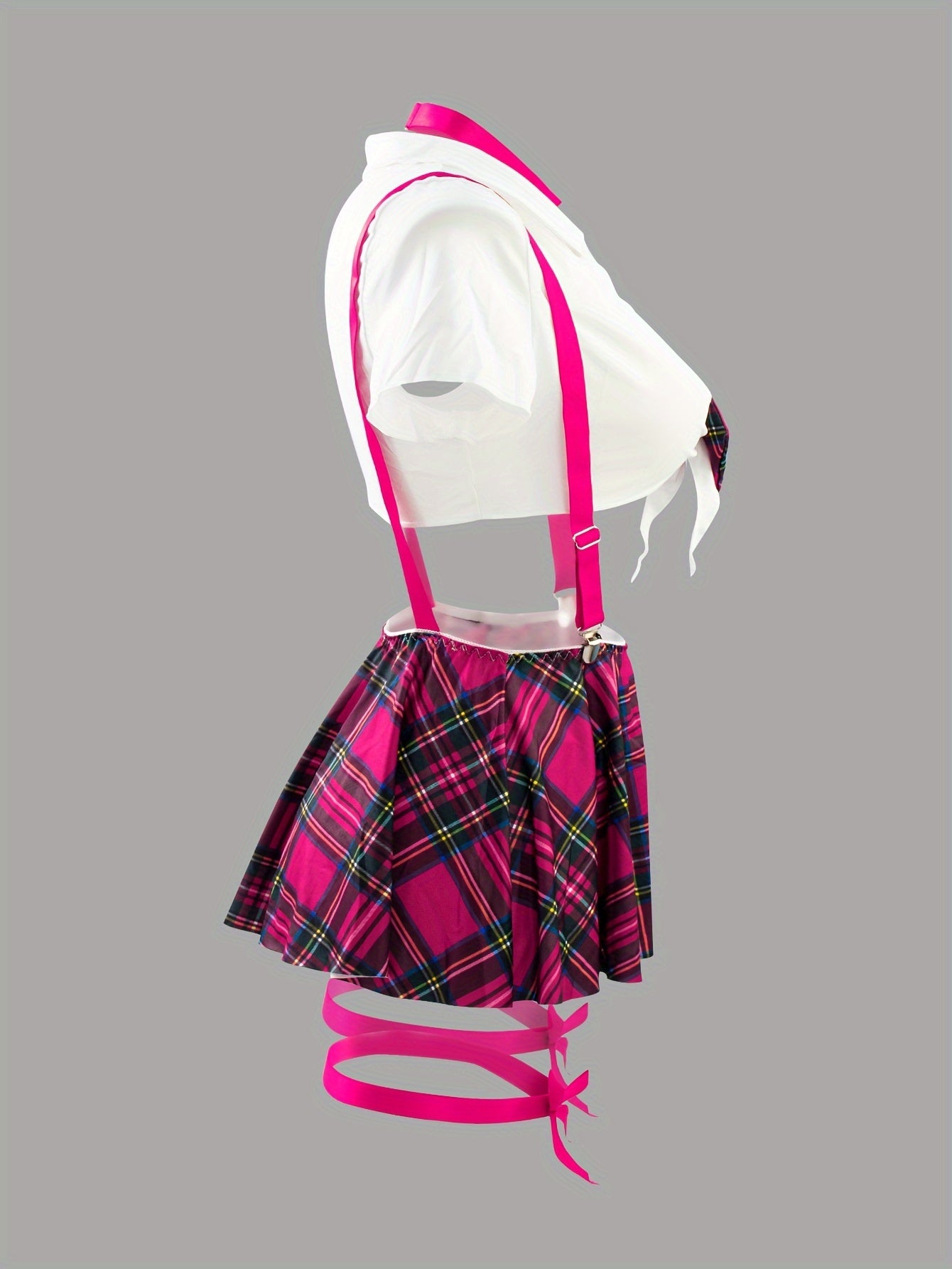 Plus Size Women's Role Play Uniform Set With Plaid Skirt Top Panties Bow Tie