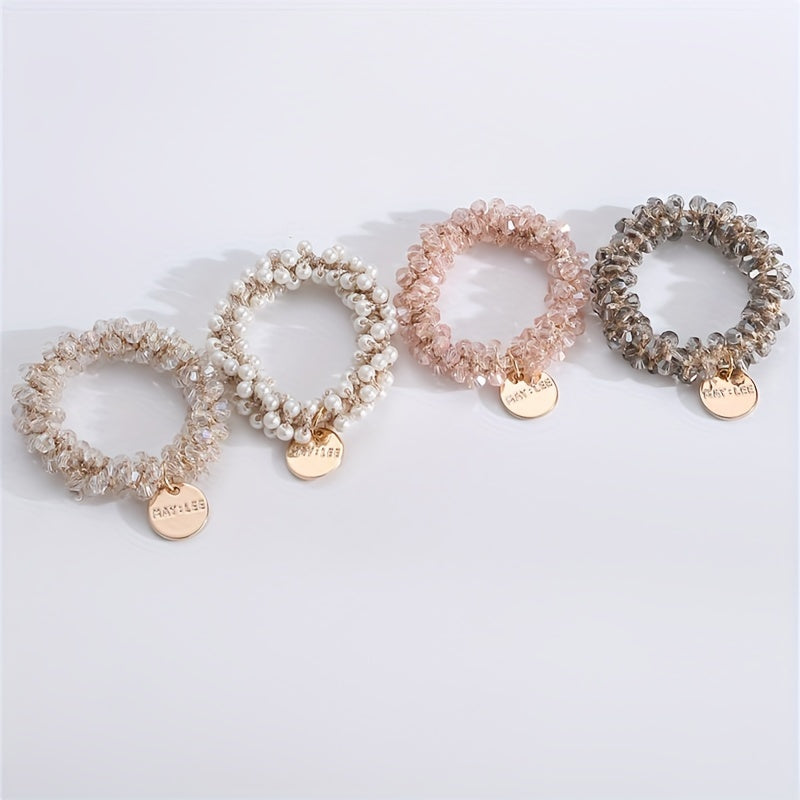 Set of 4 Stylish Faux Pearl Elastic Hair Ties for Women
