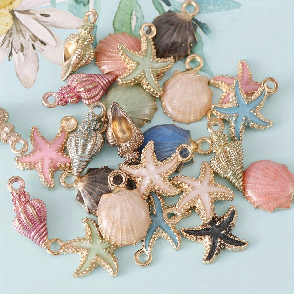 Set of 30 Mixed Sea Life Alloy Pendants with Conch Shell and Starfish Charms for DIY Jewelry Making