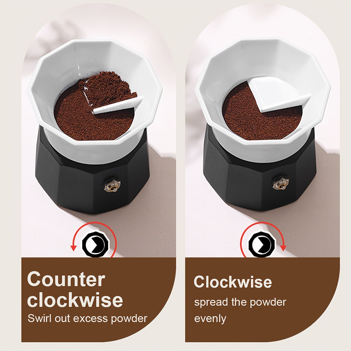 Набор дозирующих воронок и инструментов для распределителя кофе эспрессо для кофеварок Moka. Включает в себя роторные кольцевые дозаторы порошка и инструмент для выравнивания кофе для легкого распределения и утрамбовки молотого кофе в кофейниках Moka.