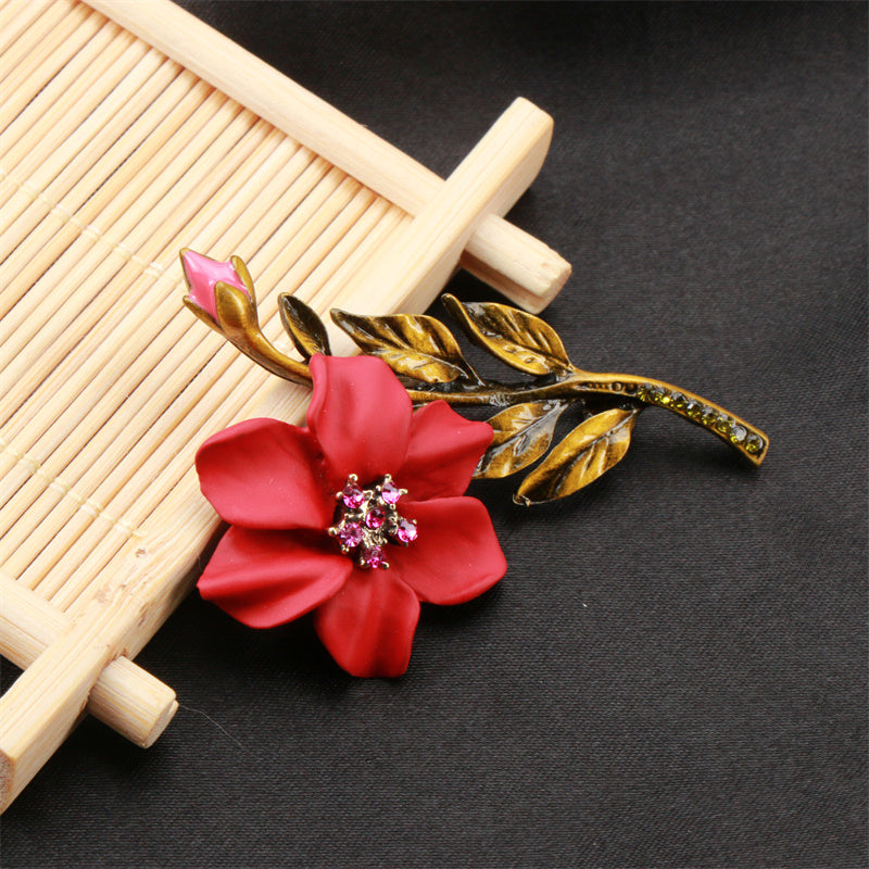 Elegant Red Enamel Floral Brooch Pin with Green Accent for Gifts and Celebrations