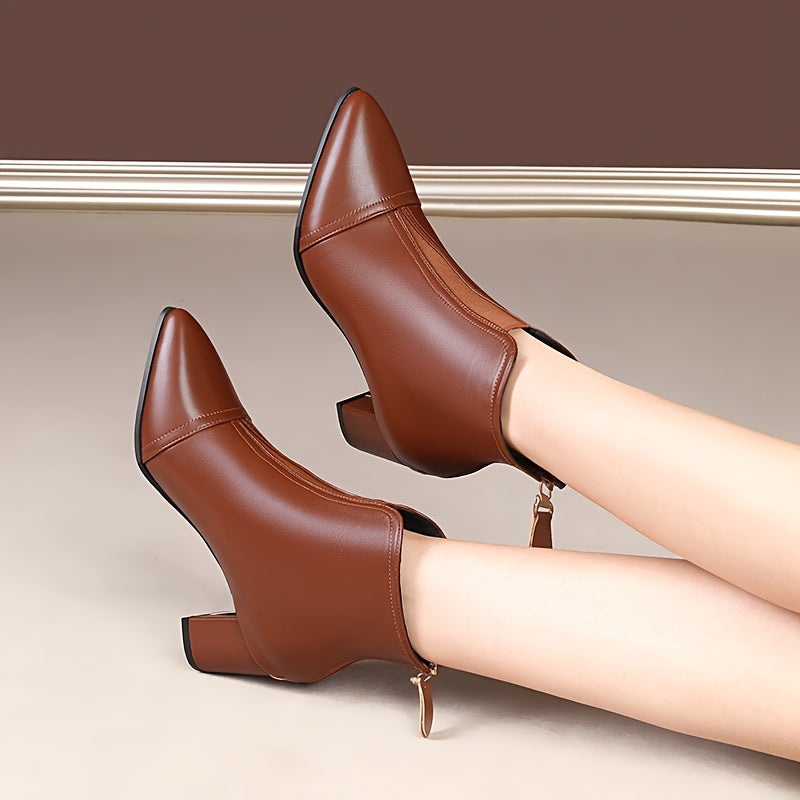 Women's Faux Leather Pointed Toe Chunky Heel Ankle Boots Brown Versatile