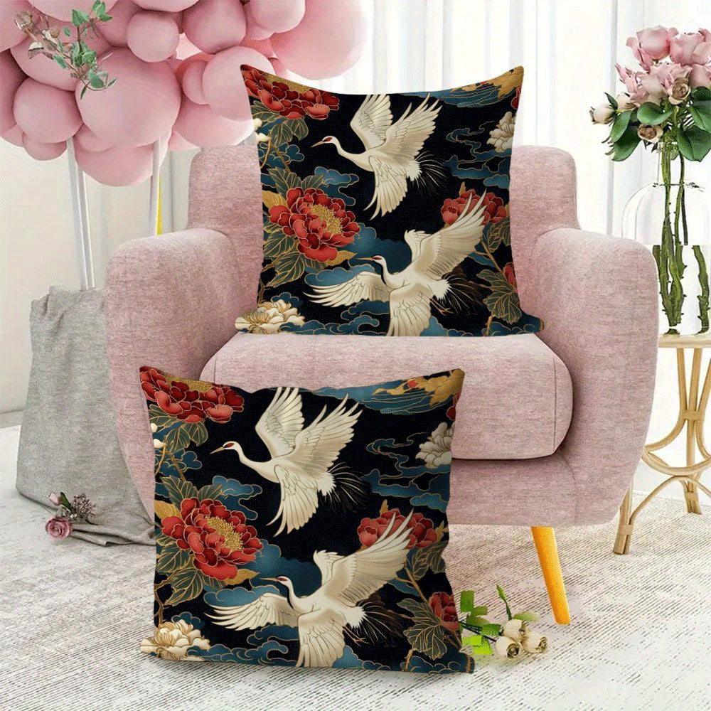 2-Pack Floral and Crane Design Cushion Covers 45.72cm Short Plush Zippered Pillow Cases