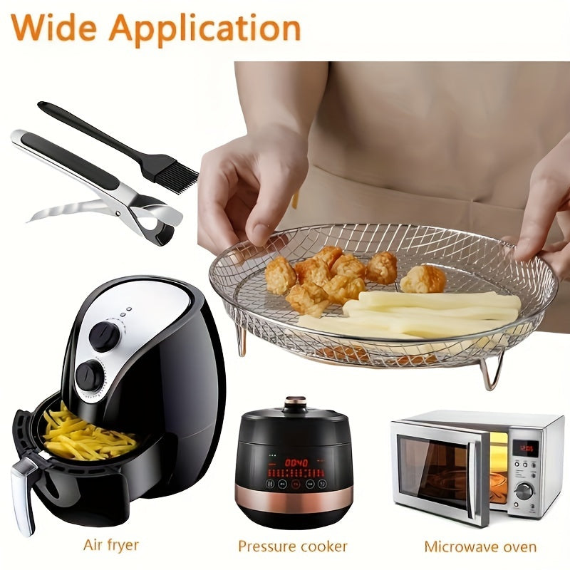 Havoni qovurish uchun zanglamaydigan po'latdan yasalgan aksessuar to'plami - doira panjara, bug' racki, quritish stendi, BBQ savati va ortiqcha filtrni o'z ichiga oladi.