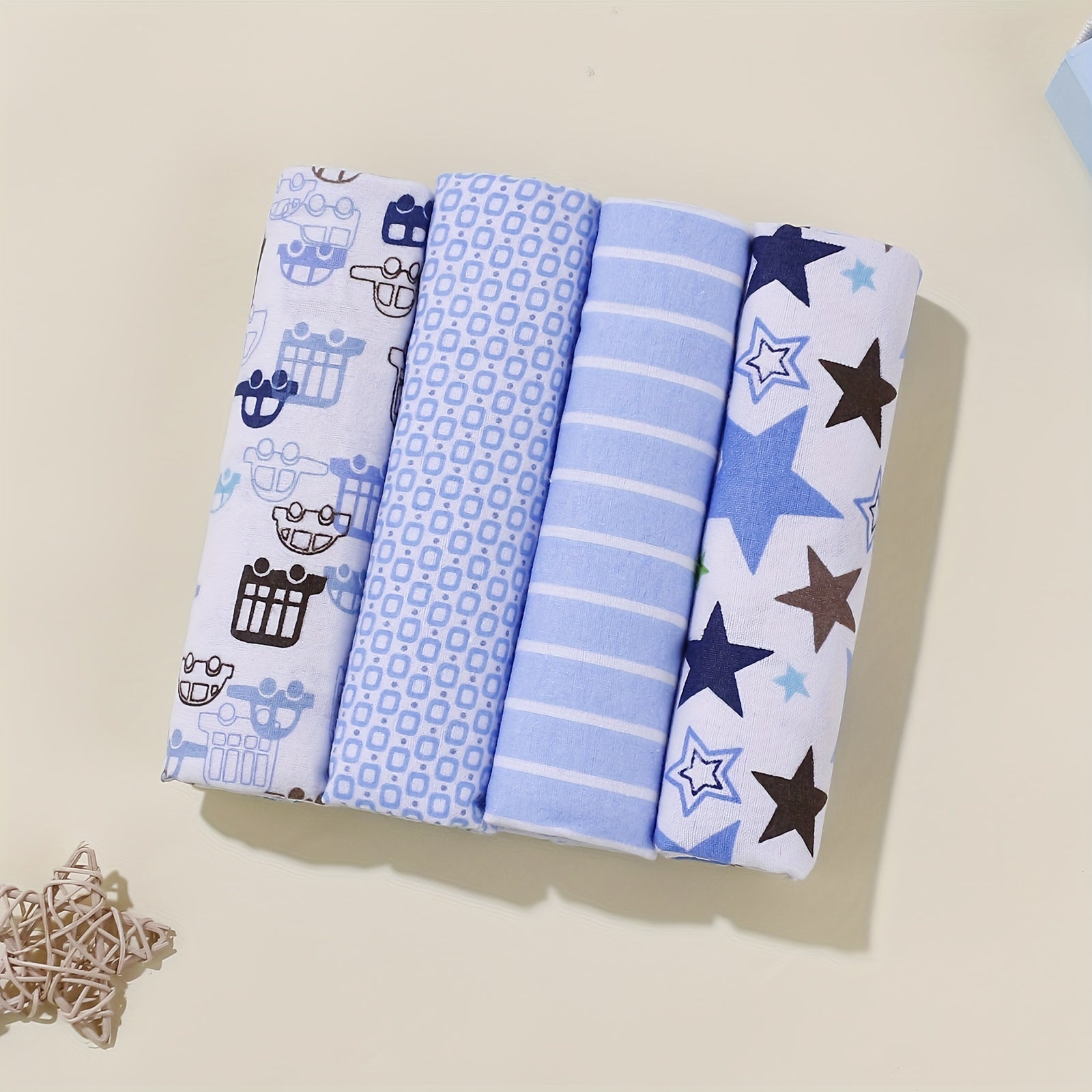 Juego de 4 mantas de algodón con estampados de dibujos animados, estrellas y coches para el hogar y viajes