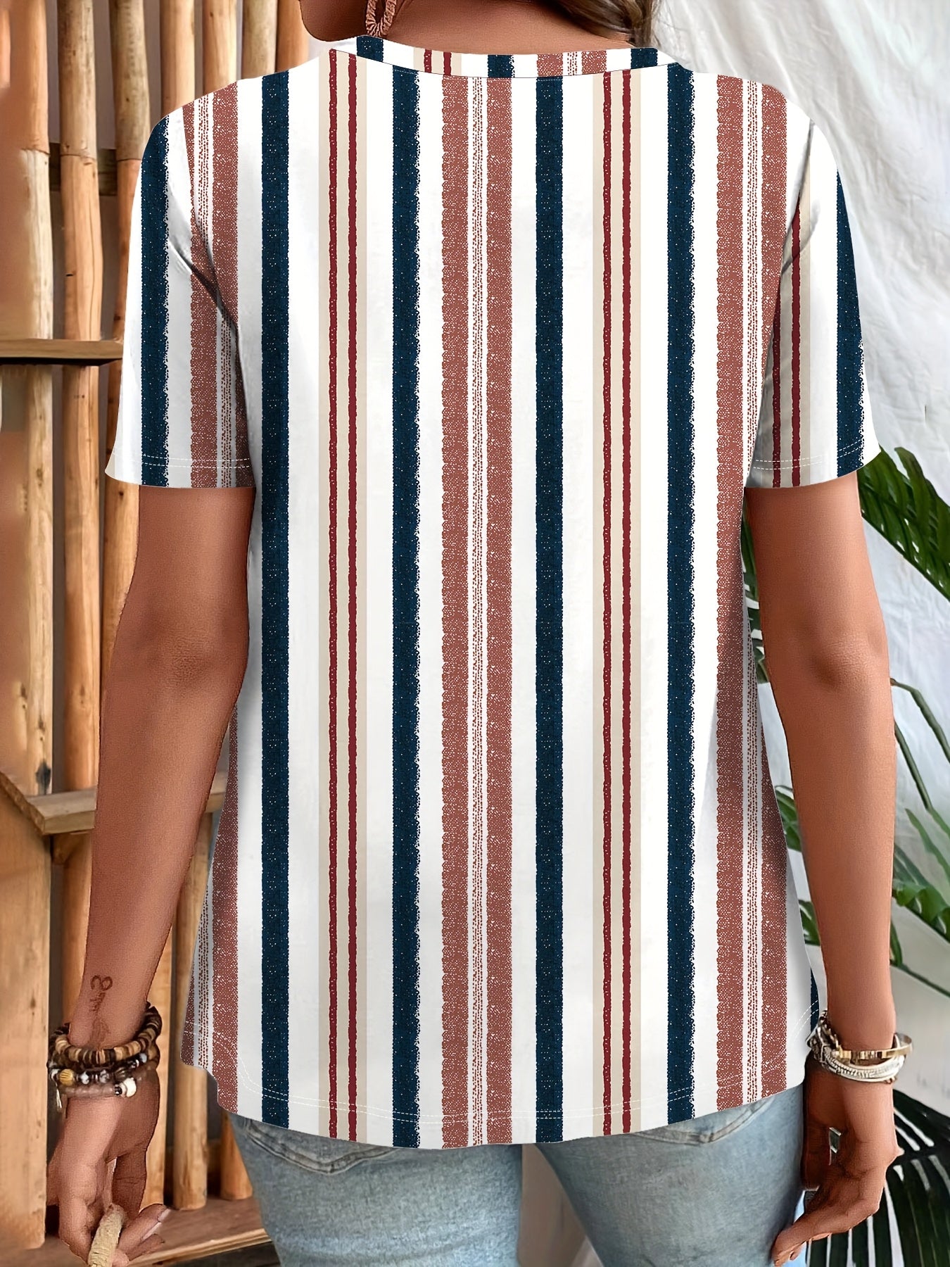 Plus Size Women's Striped V-Neck T-Shirt with Button Short Sleeve