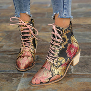 Women's Vintage Floral Leather Boots, Lace Up Chunky Heel Western Cowboy Shoes