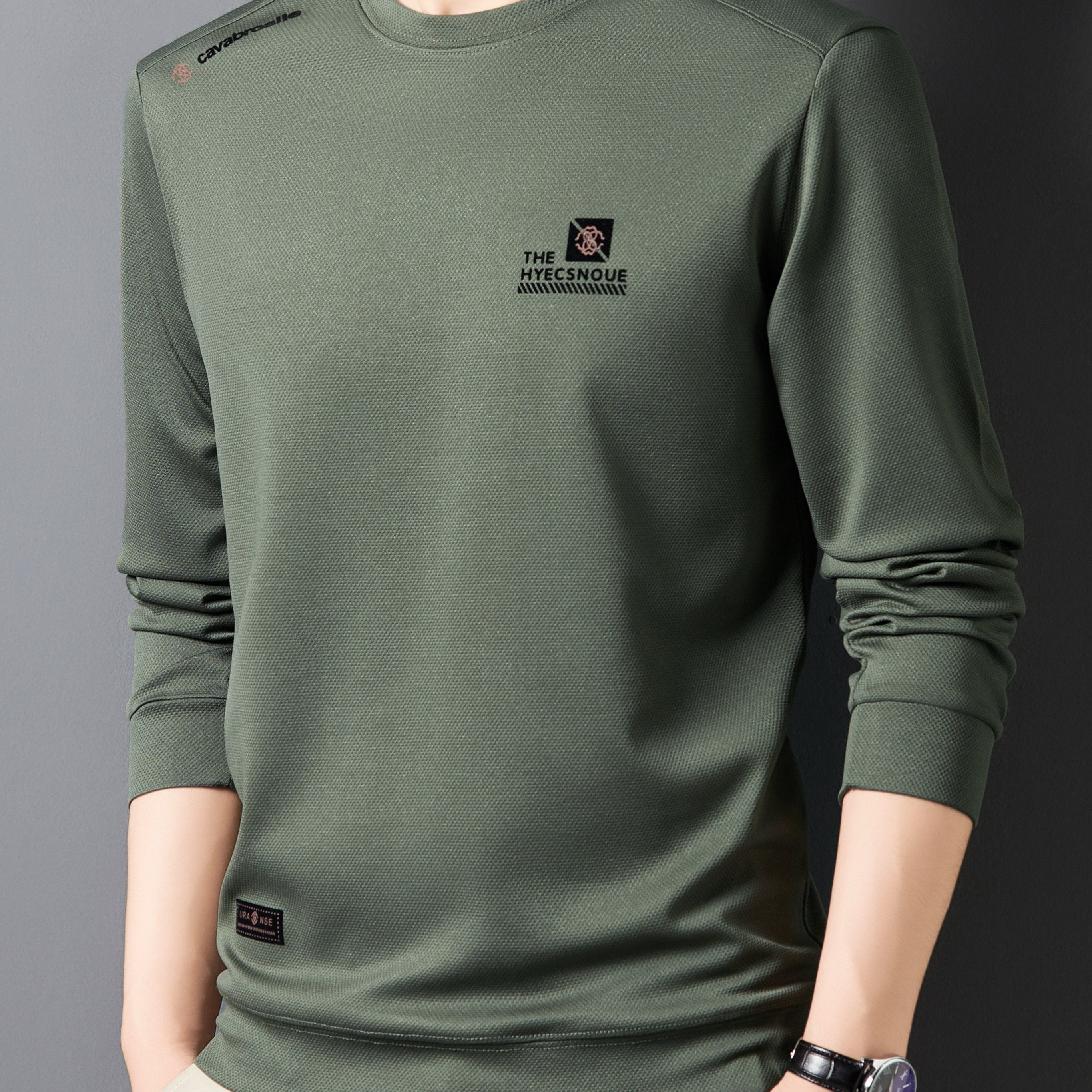 Men's Long Sleeve Crew Neck Sweatshirt with Chest Emblem Polyester Casual Autumn