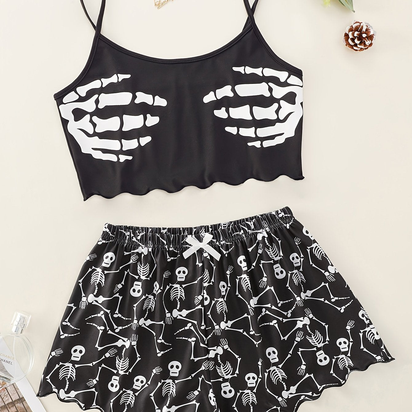 Adult Halloween Garter Top and Shorts Pajama Set Skull Palm Print Polyester