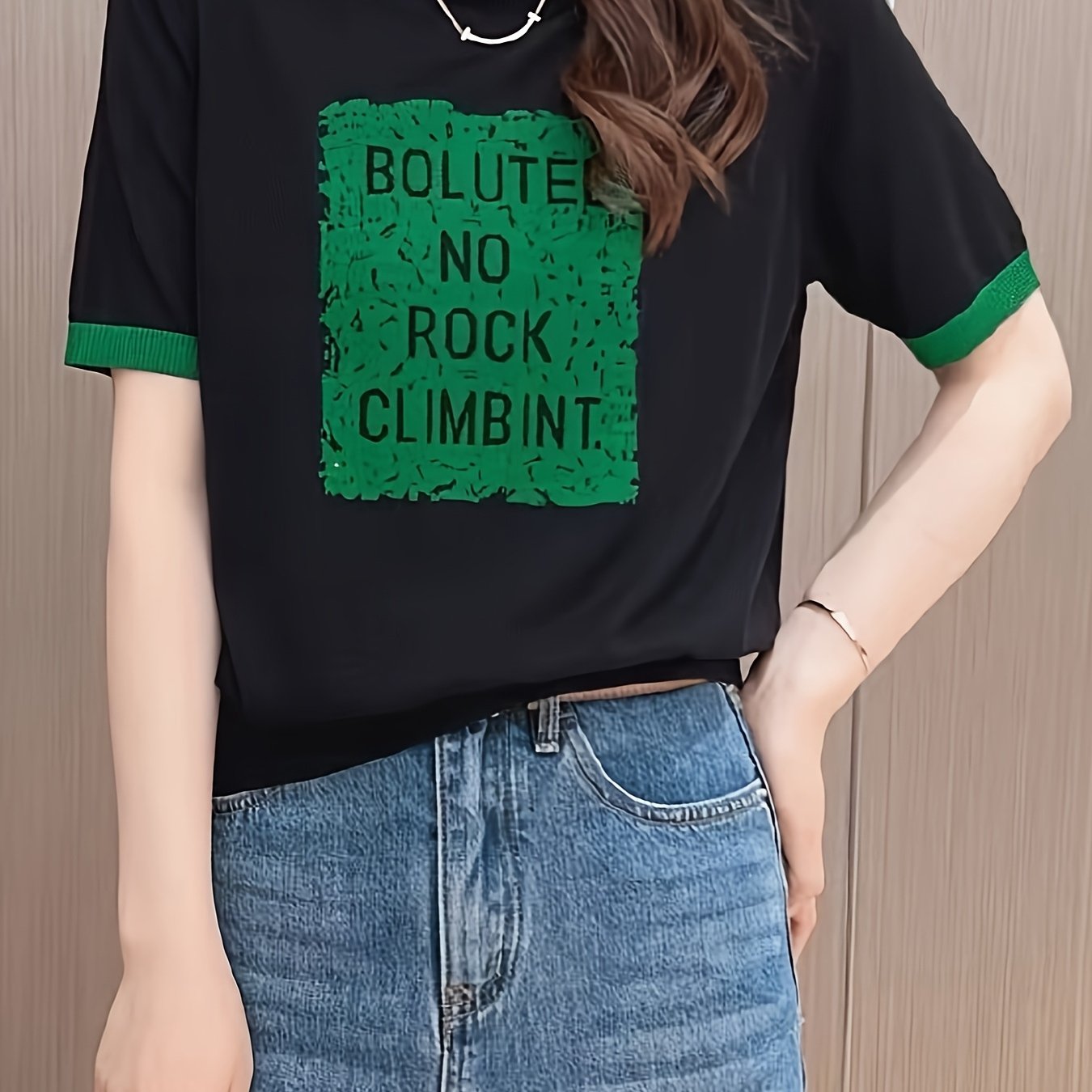 Plus Size Women's Summer Casual Short Sleeve Top Black Green Lettering Breathable Stretchy