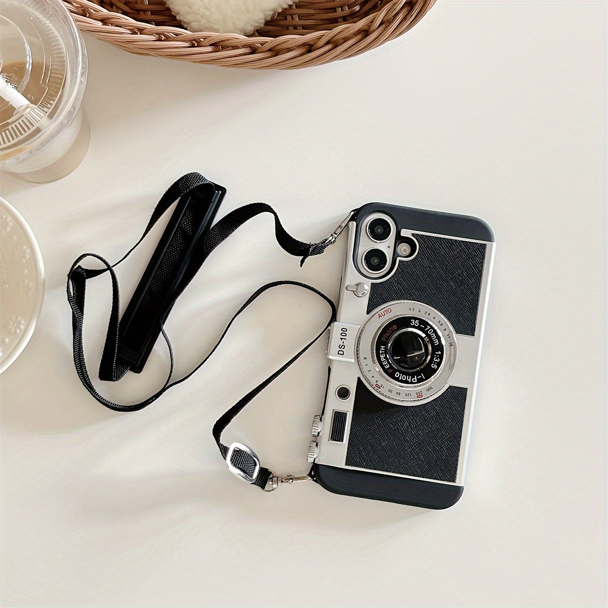 Stylish 3D Camera Phone Case with Crossbody Strap for iPhone Models TPU Retro Lanyard