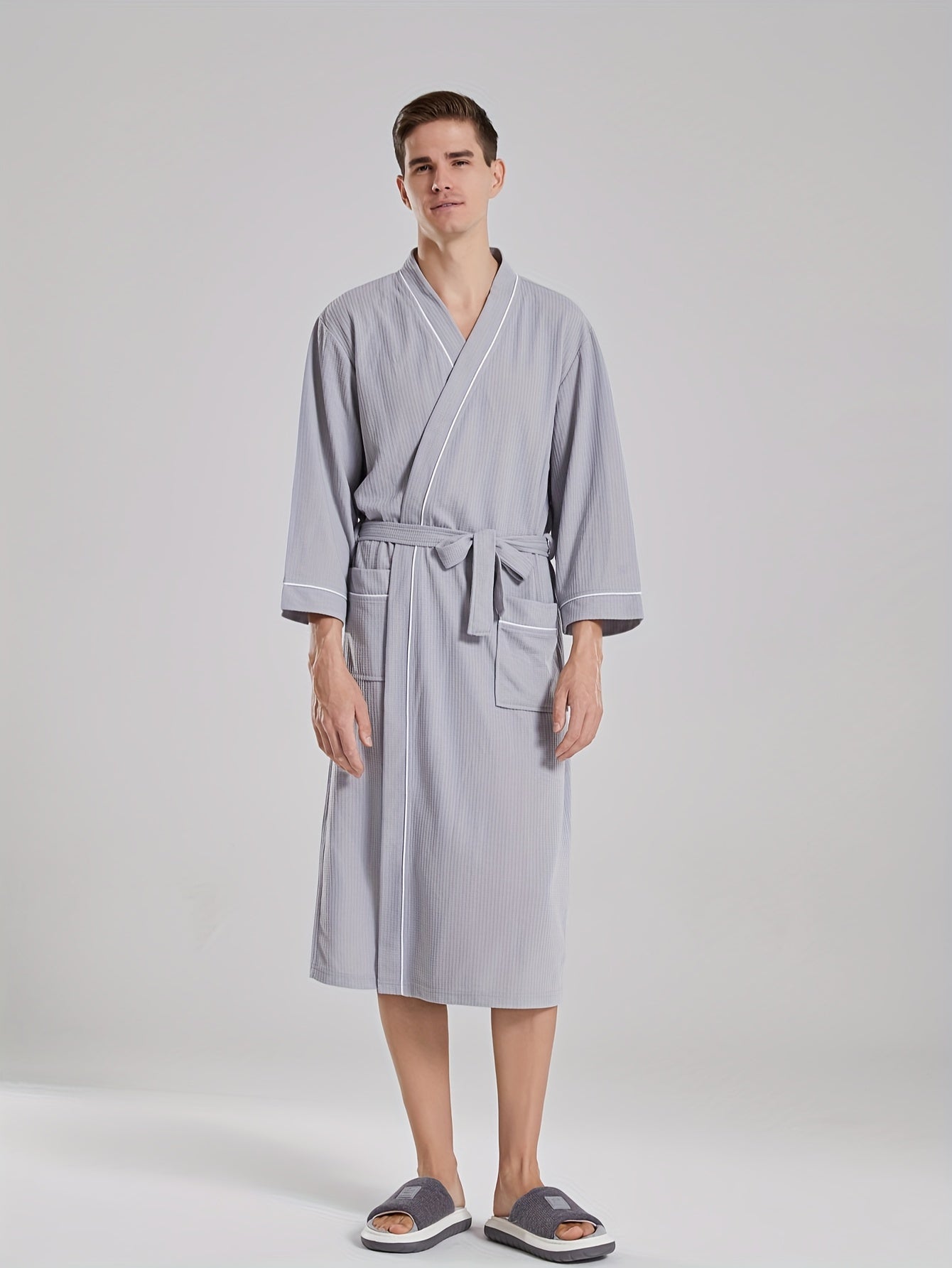 Unisex Japanese-Style Waffle Weave Bathrobe with Pockets and Belt for All-Season Comfort