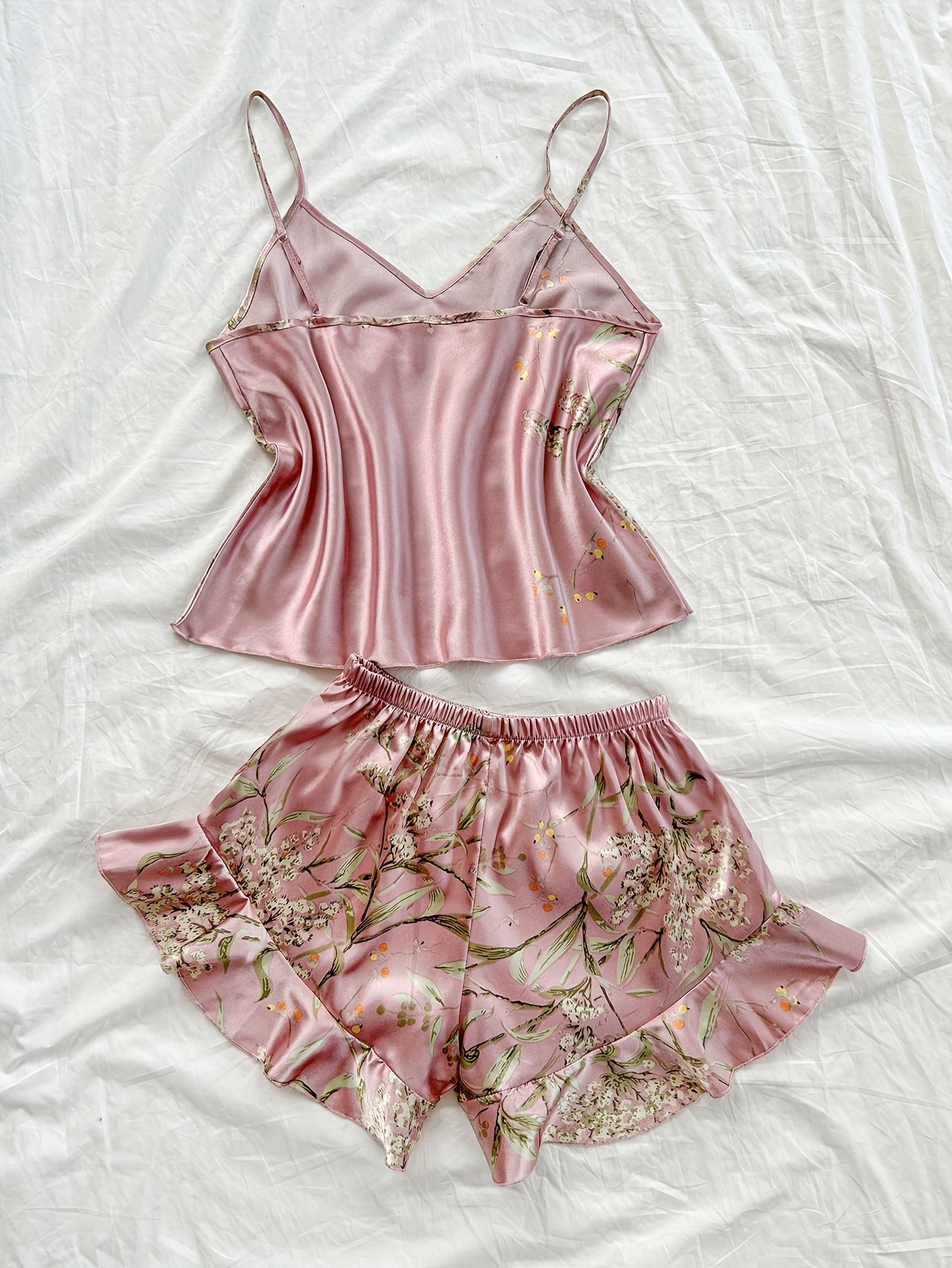 Conjunto de pijama de satén con estampado de cerezas para mujer, talla grande, camisón y pantalones cortos