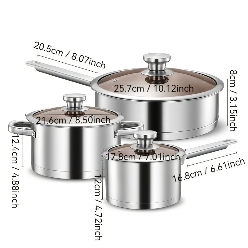 Stainless Steel Cookware Set 3-Piece with Soup Pot, Saucepan, Frying Pan