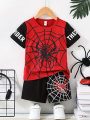 Kids Boys Short Sleeve Set with Spider Pattern Summer Casual Knit Fabric