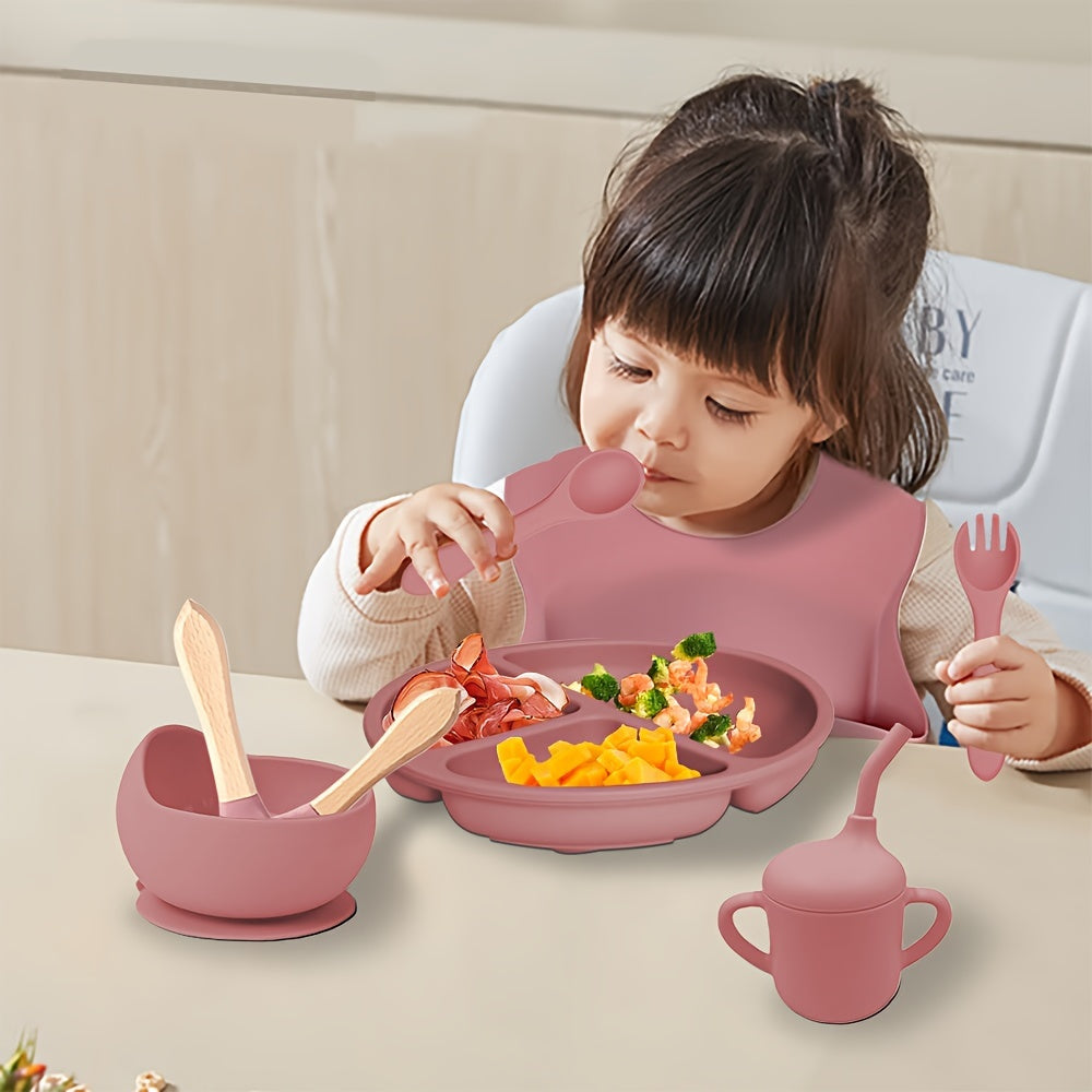 8-Piece Silicone Toddler Feeding Set Non-Toxic BPA-Free Suction Plates Bibs Straw Cups Utensils