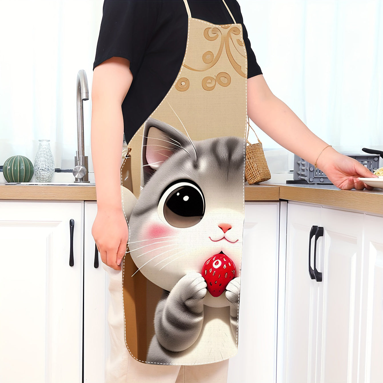 Cute Cat and Strawberry Print Linen Apron Sleeveless Lightweight for Cooking and Baking