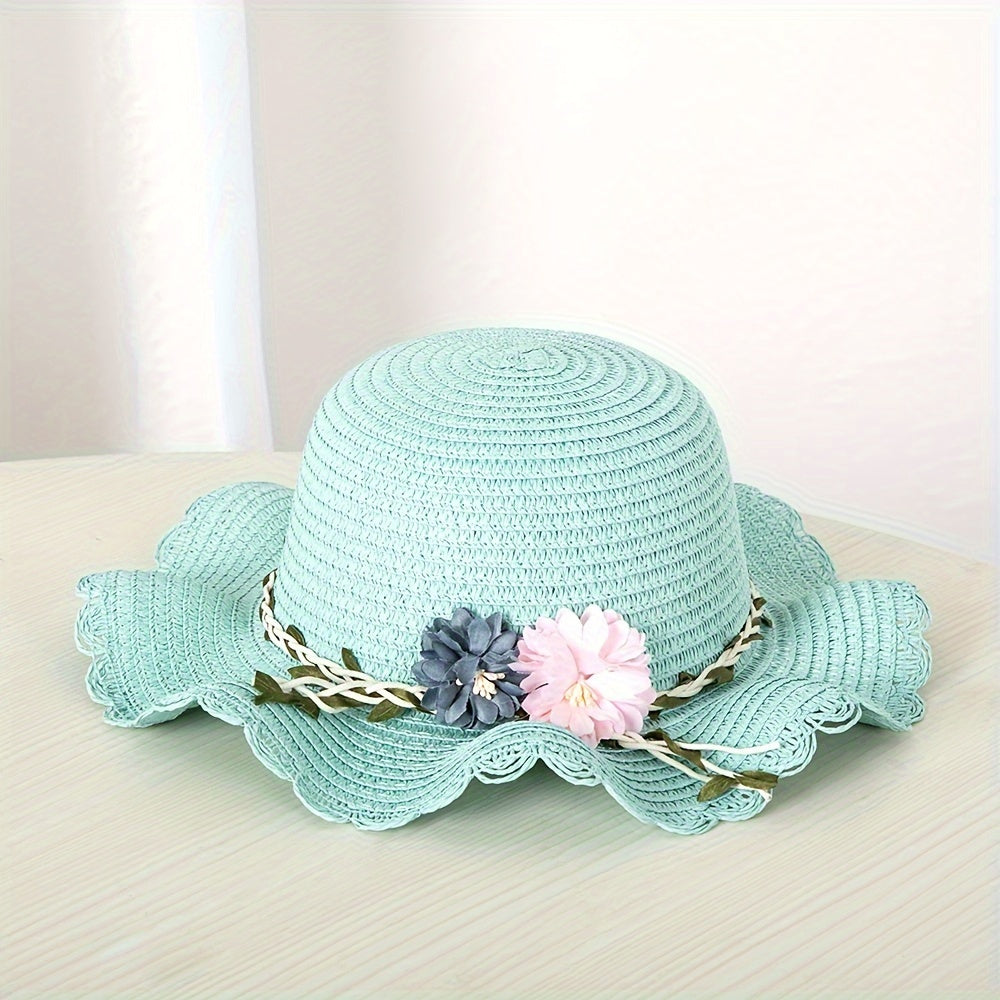 Girls' Straw Hat Set with Flower Decoration and UV Protection for Summer Beach Vacation
