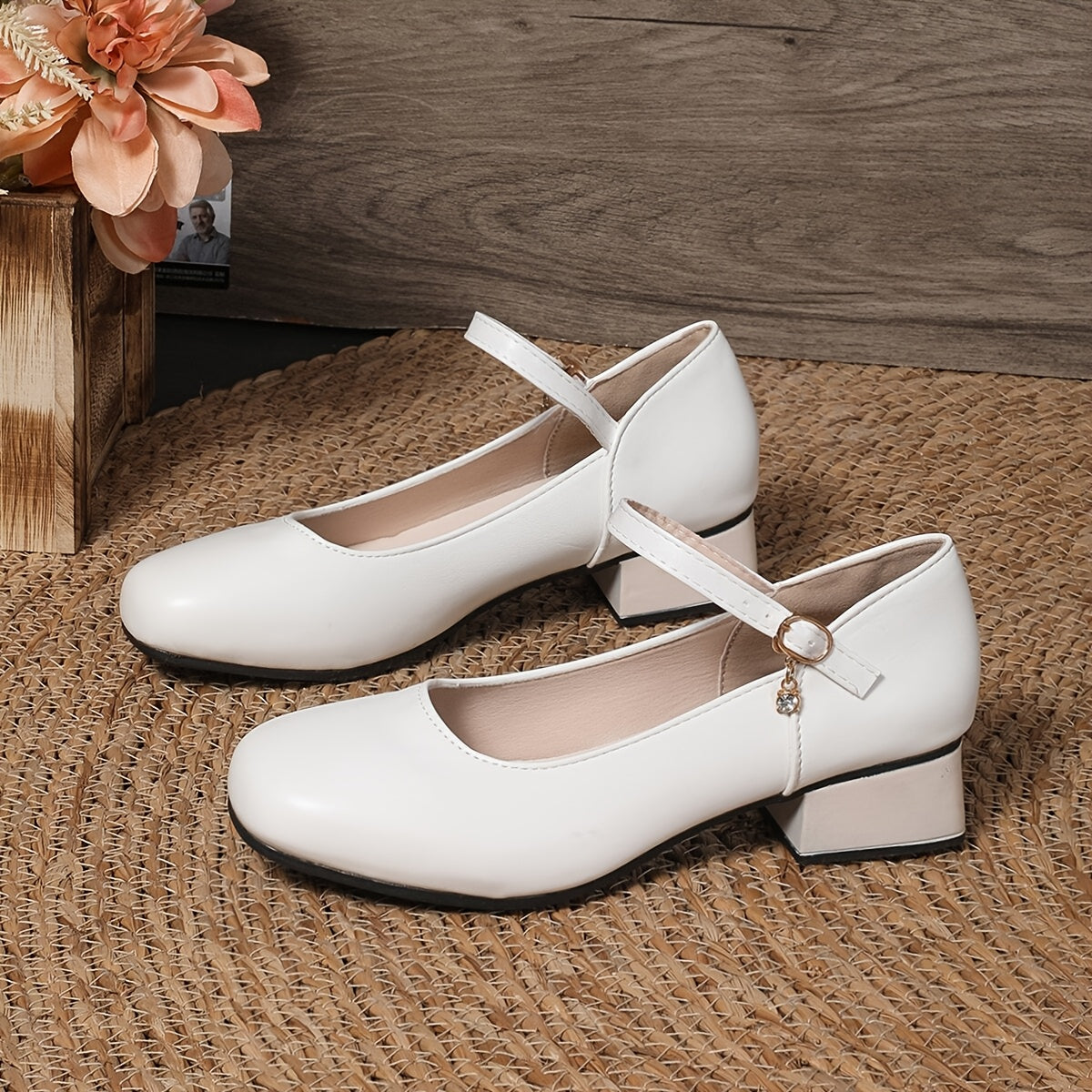 Women’s Black Mid-Heel Pumps with Ankle Strap and Rubber Sole