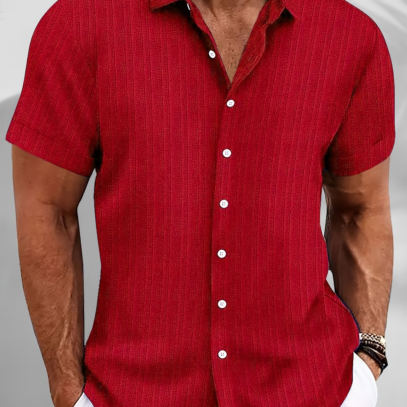 Men's Plus Size Blue Button-Up Shirt Casual Summer Lightweight Polyester Ribbed Texture