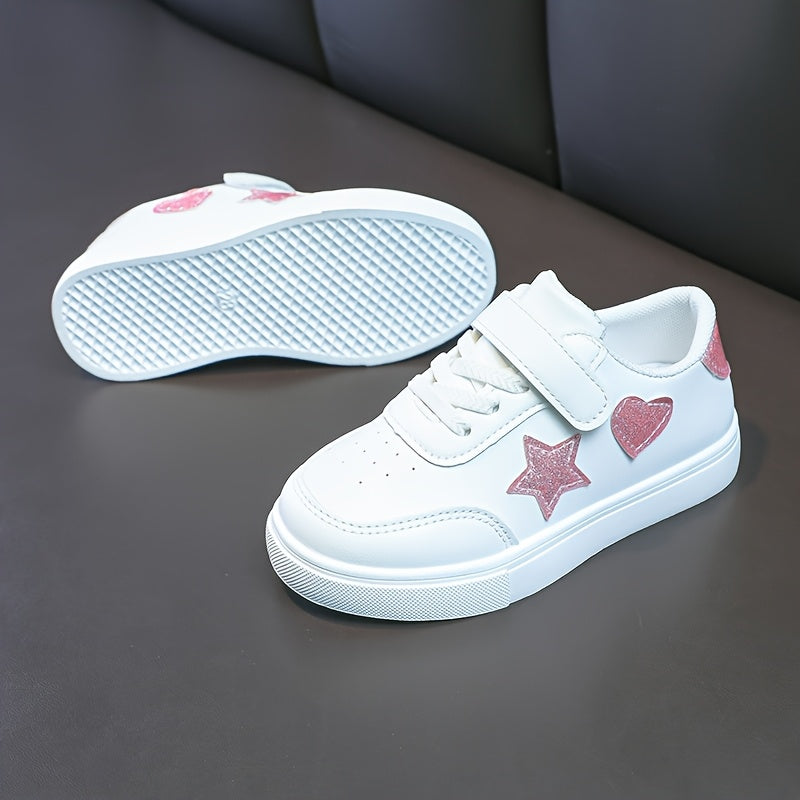 Girls' All-Season Heart and Star Pattern Sports Sneakers Low Top Lace-Up Shoes for Outdoor Activities