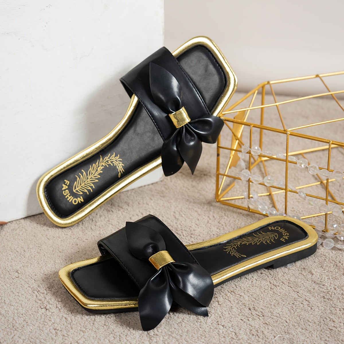 Women's Leather Square Toe Flat Sandals Bow Embellished Casual Vacation