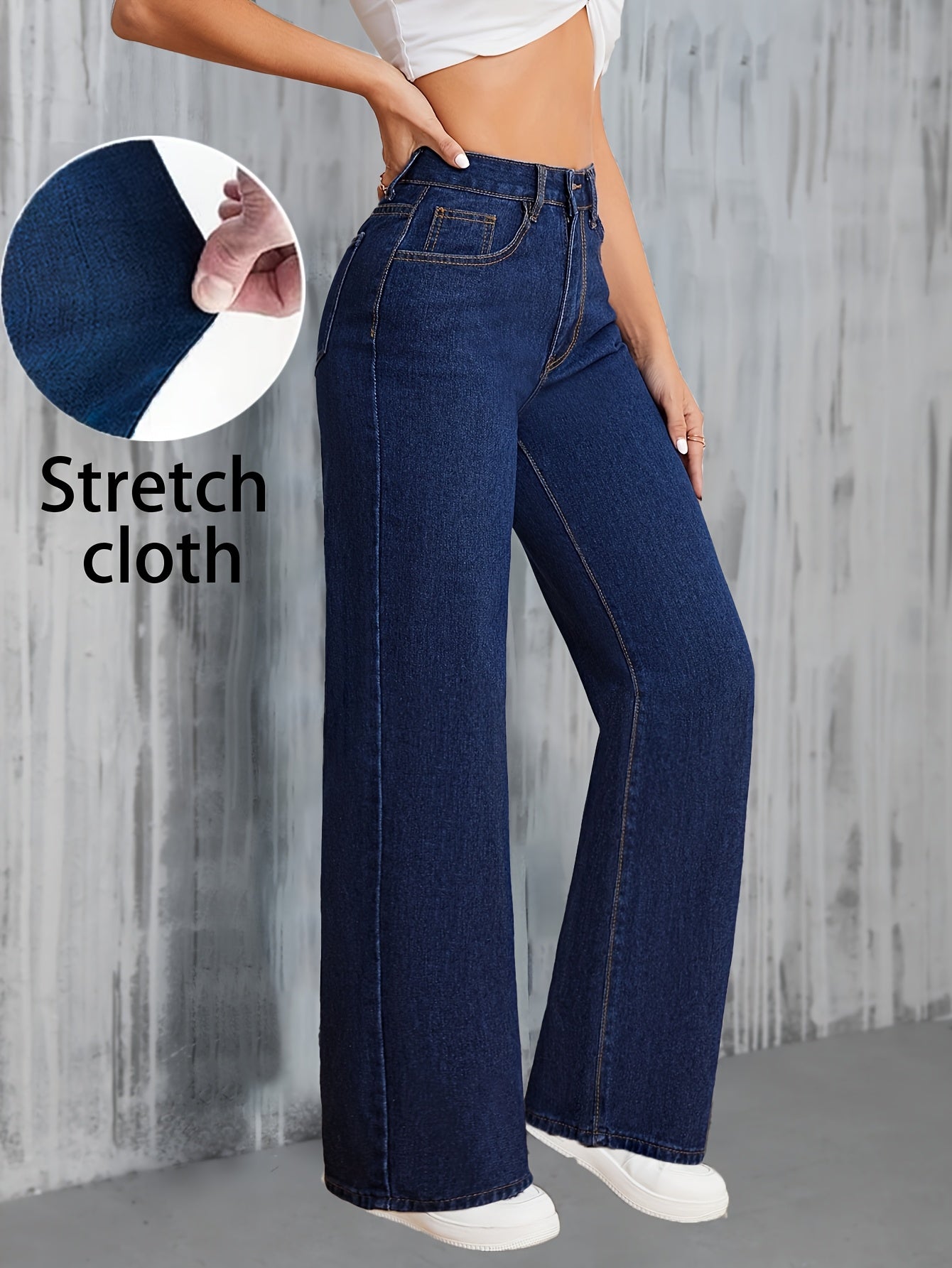 Women’s High-Waisted Wide Leg Denim Jeans Solid Color Casual Pants