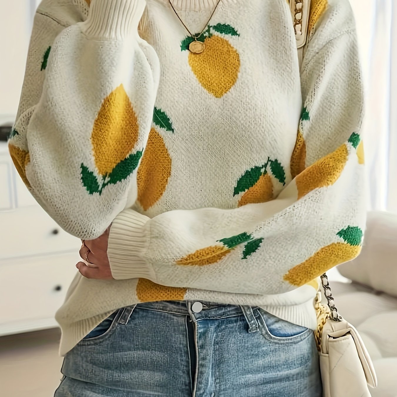 Women’s Acrylic Lemon Pattern Crew Neck Sweater Long Sleeve Casual Pullover