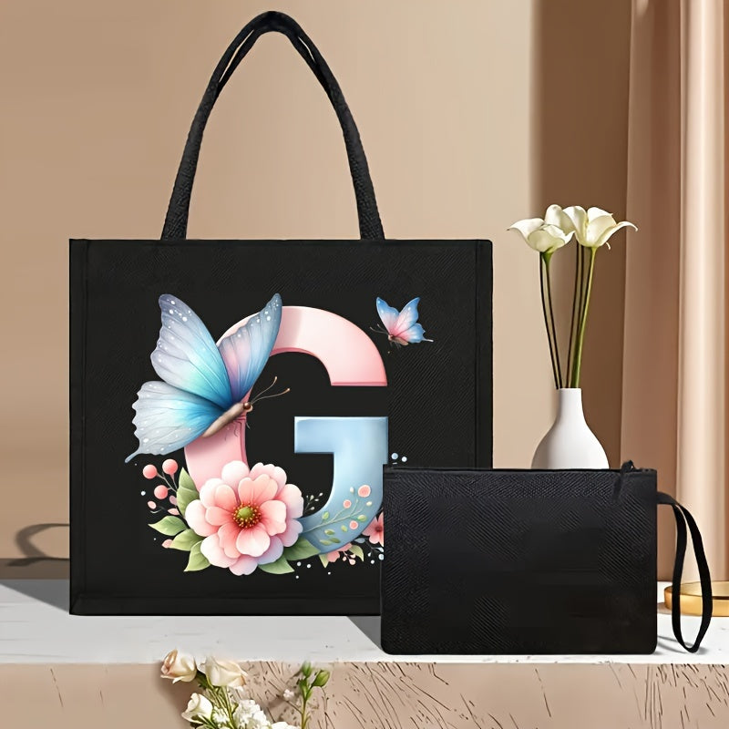 Set of 2 Floral Letter Print Canvas Tote Bags Large Handbag with Clutch Pouch