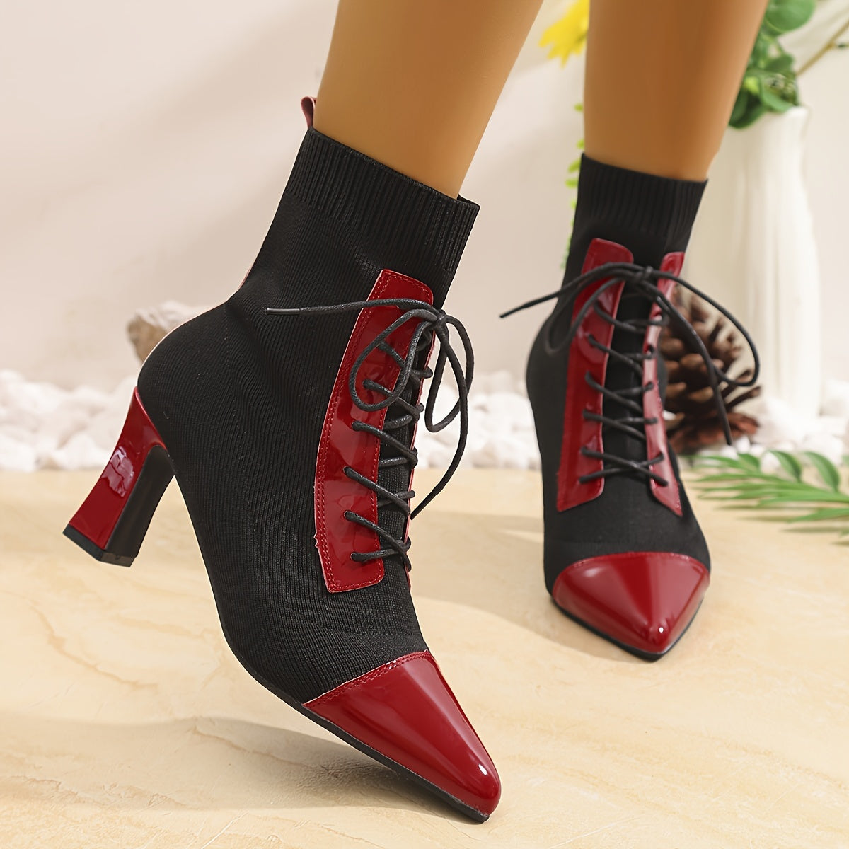 Women's Black and Red Pointed Short Boots Thick Heels Outdoor Shoes