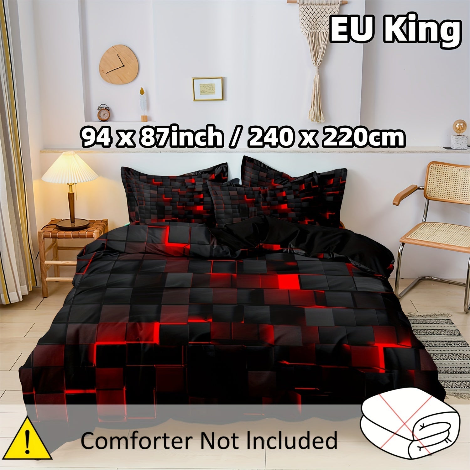 Conjunto de funda nórdica con patchwork en rojo y negro con fundas de almohada, hipoalergénico, poliéster, lavable a máquina, individual, doble, reina, tamaño king