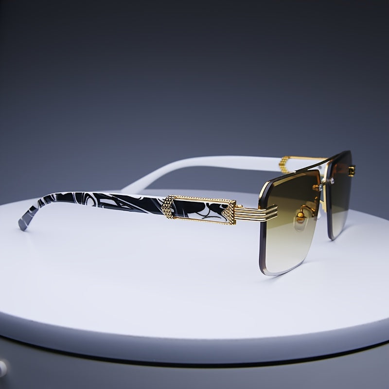 Men's Retro Fashion Glasses with Diamond Cut Edges Rectangular Rimless Marble Wood Accents