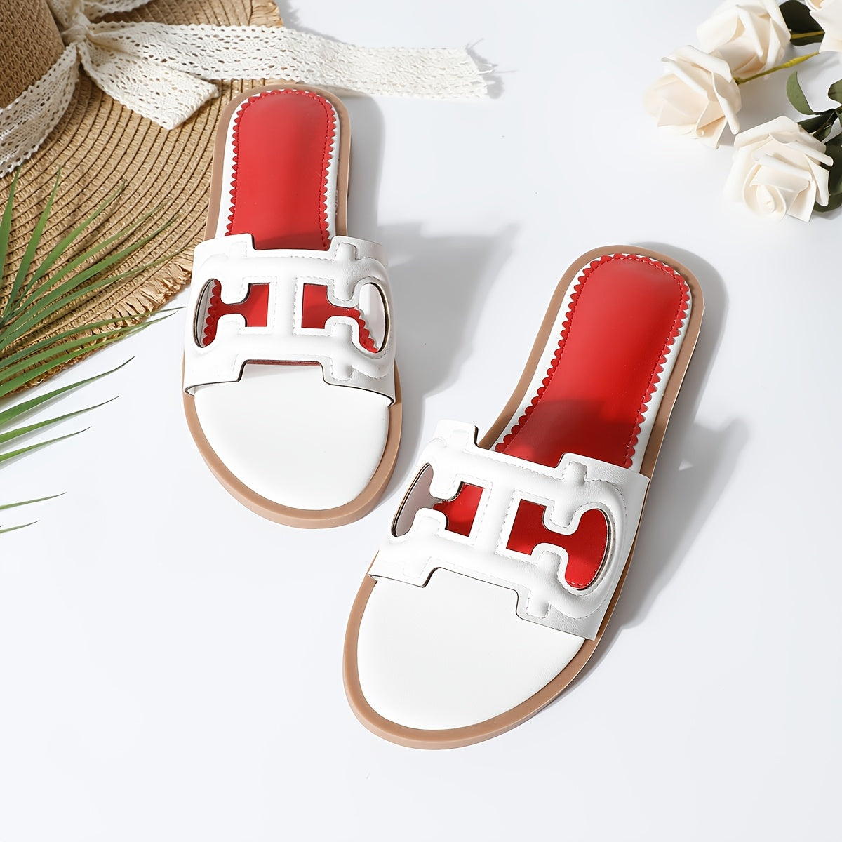 Women's Summer Slip-On Slippers Black PU Open-Toe Flat Casual