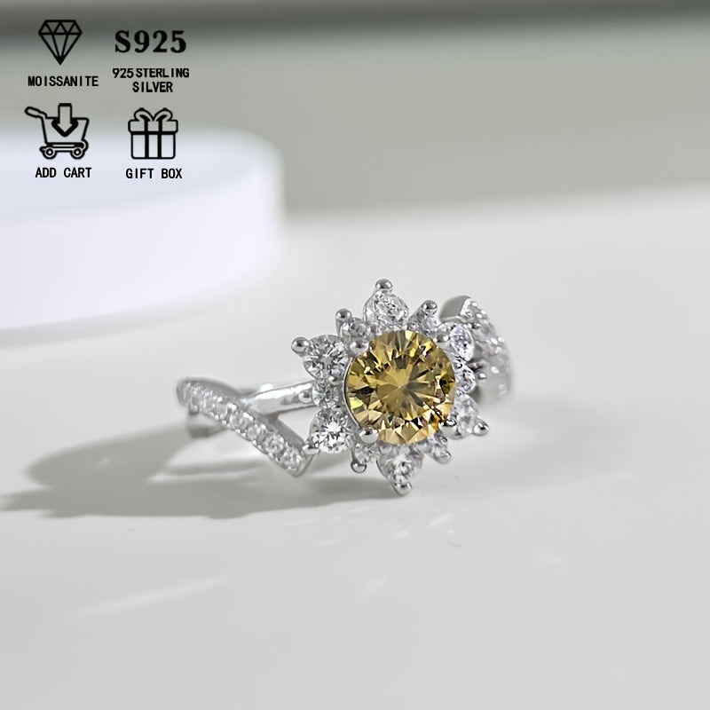 Sterling Silver Sunflower Ring with 1Ct Colored Moissanite Bohemian Style for Women