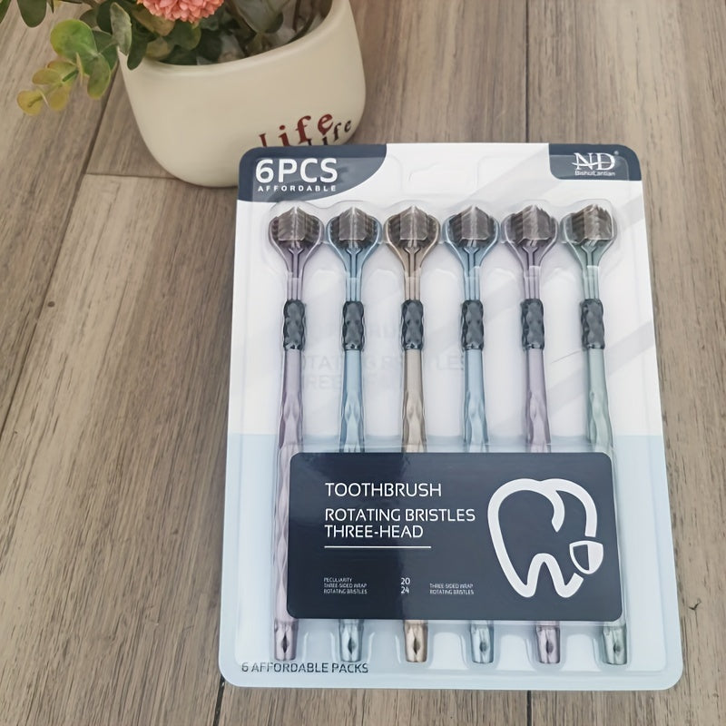 6-Pack Triangular 3D Manual Toothbrushes for Adults with Soft Nylon Bristles