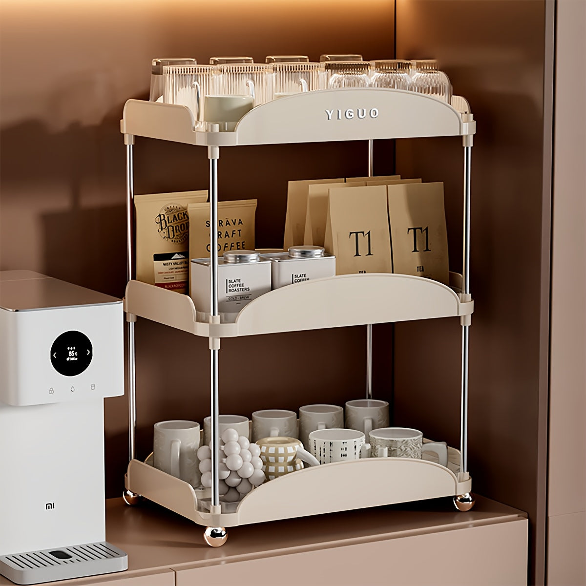 YIGUO Qopqoqsiz Ikki Qavatli Oshxona Tashkiliy Raqami - Chashkalar, Kofe Qoplari, Kofe Podlari uchun - Ochiq Saqlash Dizayni, Ko'p Maqsadli, Assembling Kerak Emas, Stol va Sirt Ko'rsatish Polka Kiritilgan